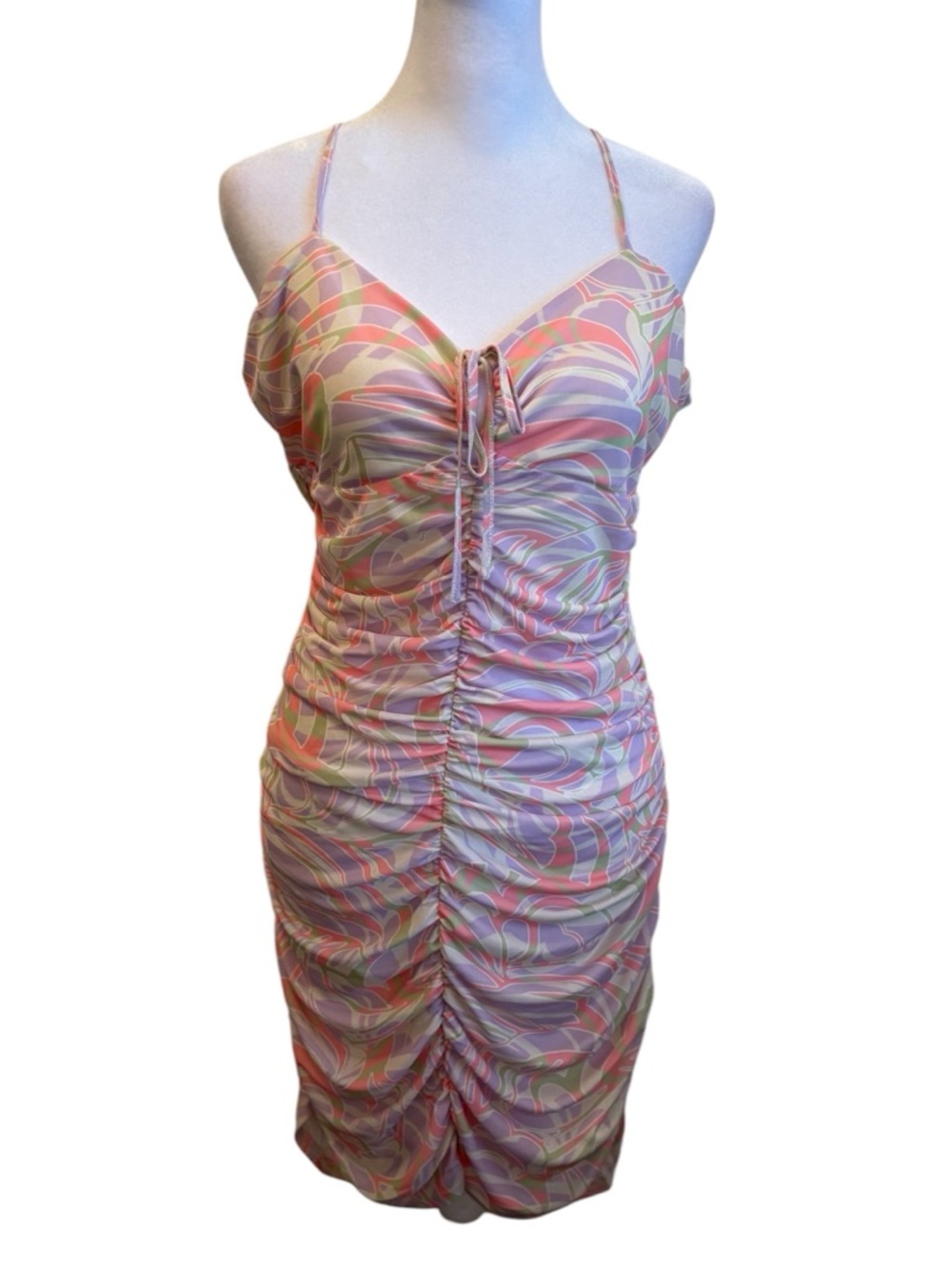 BP Large Ruched Swirl Mesh Bodycon Mini Dress